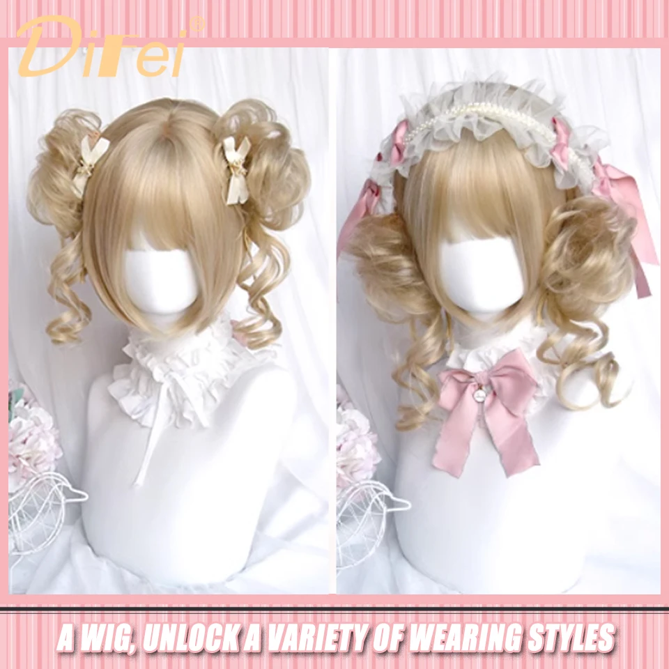 DIFEI Synthetische Perücke Weibliche Hellgold Kurze Lockige Haare Bobo Wunderschöne Lolita Täglichen Stil Gerade Pony Cosplay Party Perücke