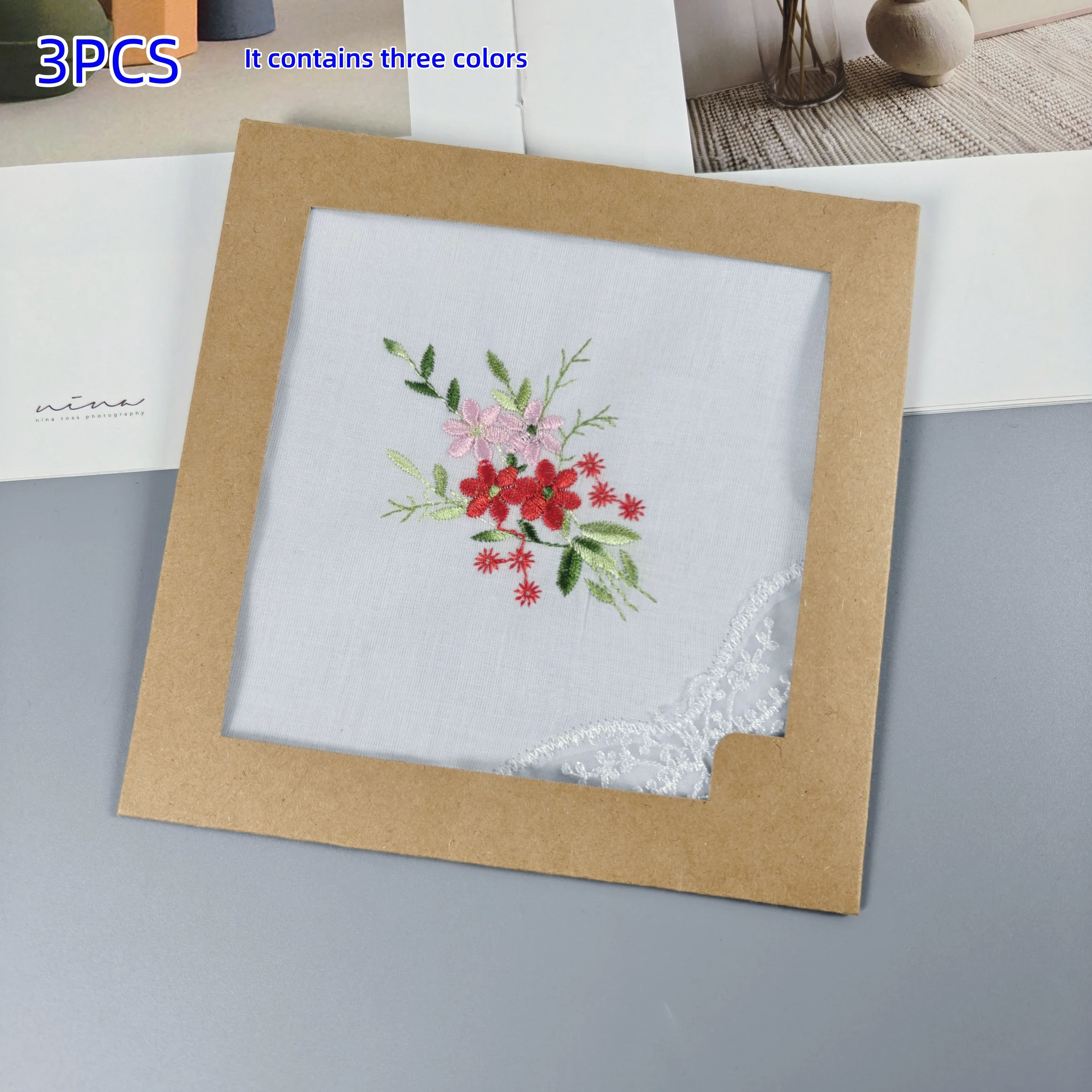 3 PCS Pure White Cotton Embroidered Lace Handkerchiefs Gift Box