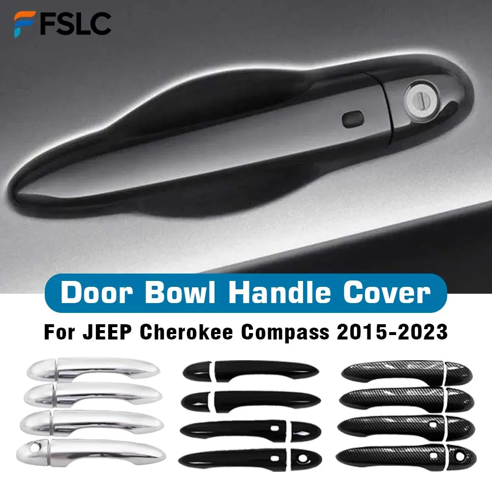 Car Decoration Door Bowl Handle Cover For JEEP Cherokee Compass 2015-2023 Carbon Fiber Glossy Black Chrome Silver Accessories