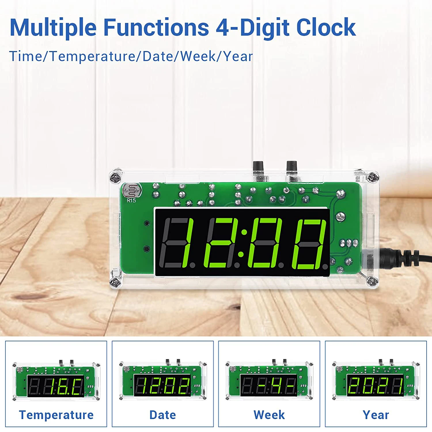 DIY Electronic Kit Clock Digital LED Display Time Light Control Temperature Meter Green/Blue/Red Soldering Project Practice Kit