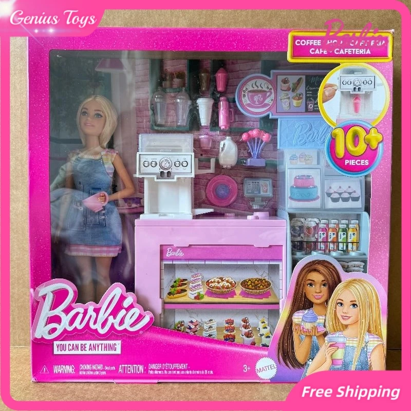 Barbie boneca cafeteria jogar conjunto crianças profissional barista experiência rico acessórios diy bebidas brinquedo meninas presente de natal