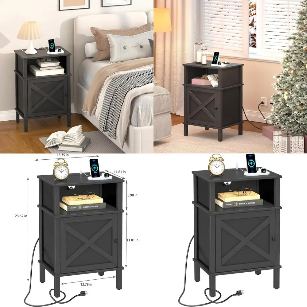 

Charging Station Farmhouse Nightstand, 2-Tier End Table, Storage Cabinet, Bedroom/Living Room Side Tables BZ0601BKE