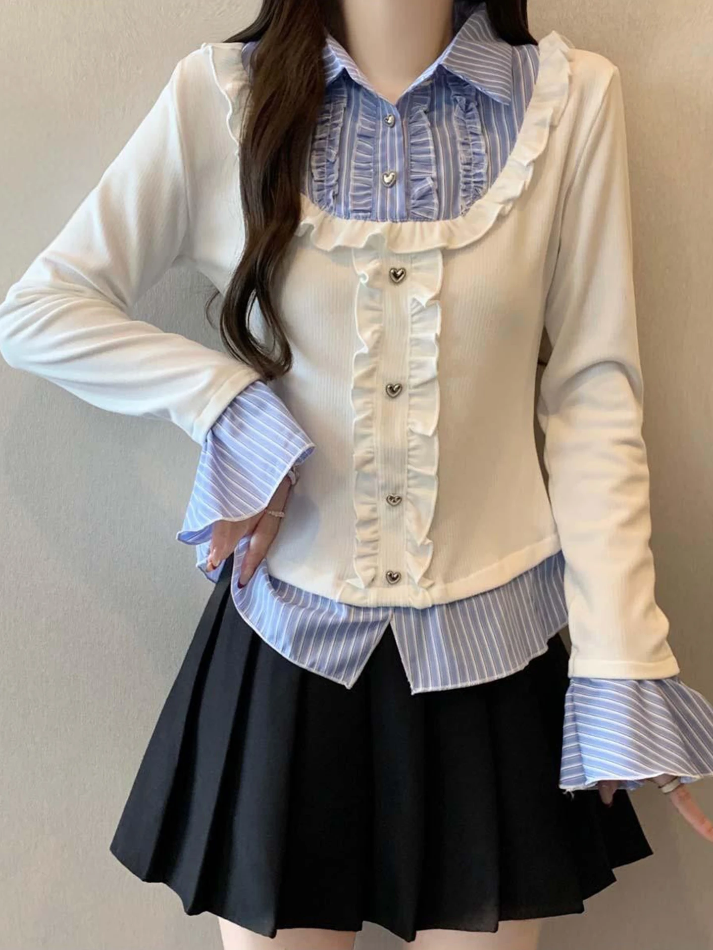 

Slimming Design ort irt Women's Long Sve Regular oulder False Two-Piece Korean Sle Commute Wind Spring 2026