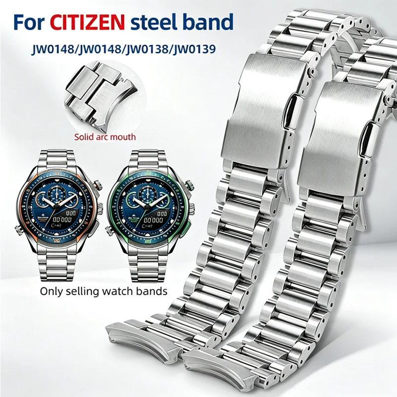 22mm Curved End Stainless Steel Watch Band For Citizen Eco‑Drive Perpetual Calendar JW0148 JW0139 Metal Replacement Strap men