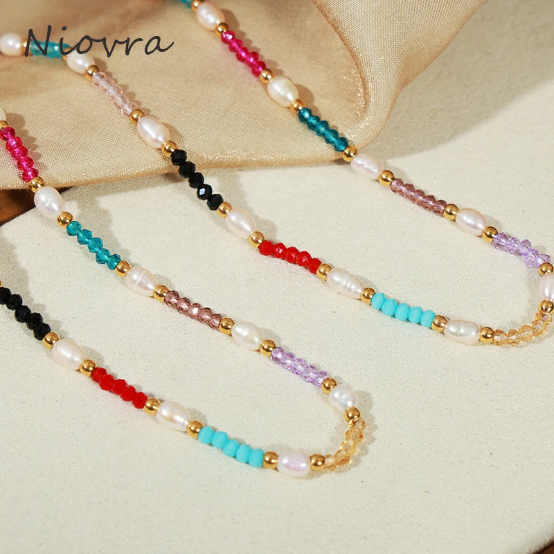 

Nivora Bohemia Natural Stone Chain Necklace For Women Freshwater Pearl Stainless Steel Colorful Stone Beads Choker Neck Jewelry