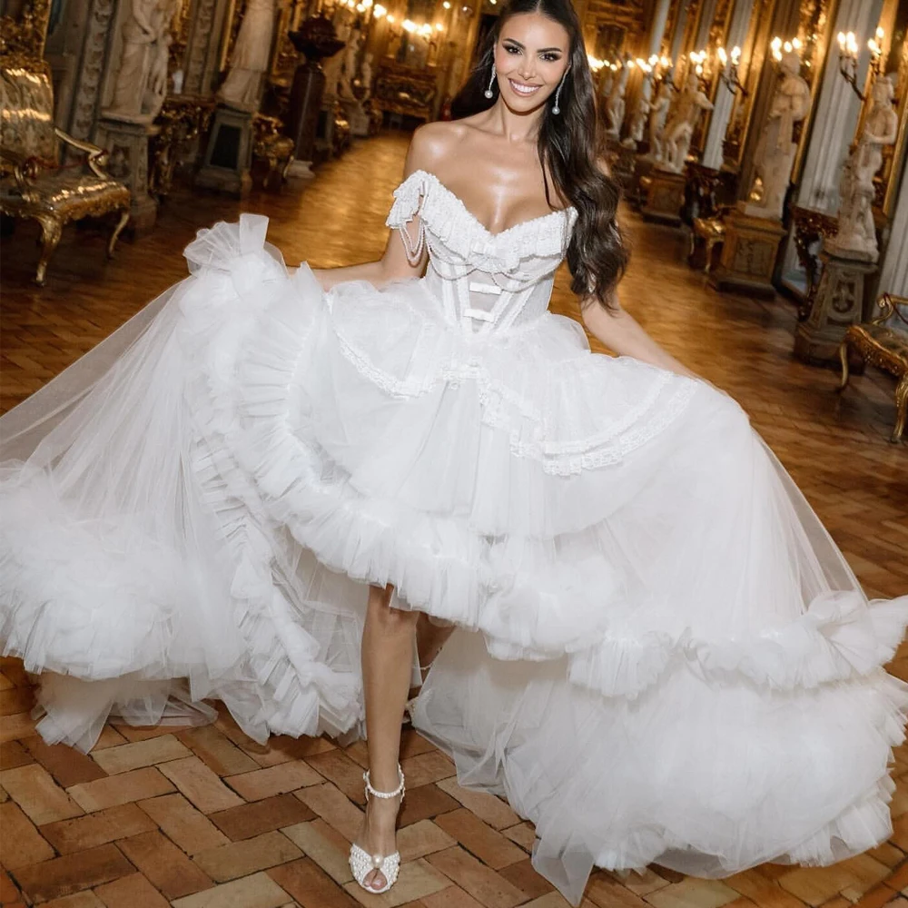Customized 2 IN 1 Wedding Dress Off the Shoulder Ruffles High Low Bridal Gown Lace Beading Layered Bride Dresses