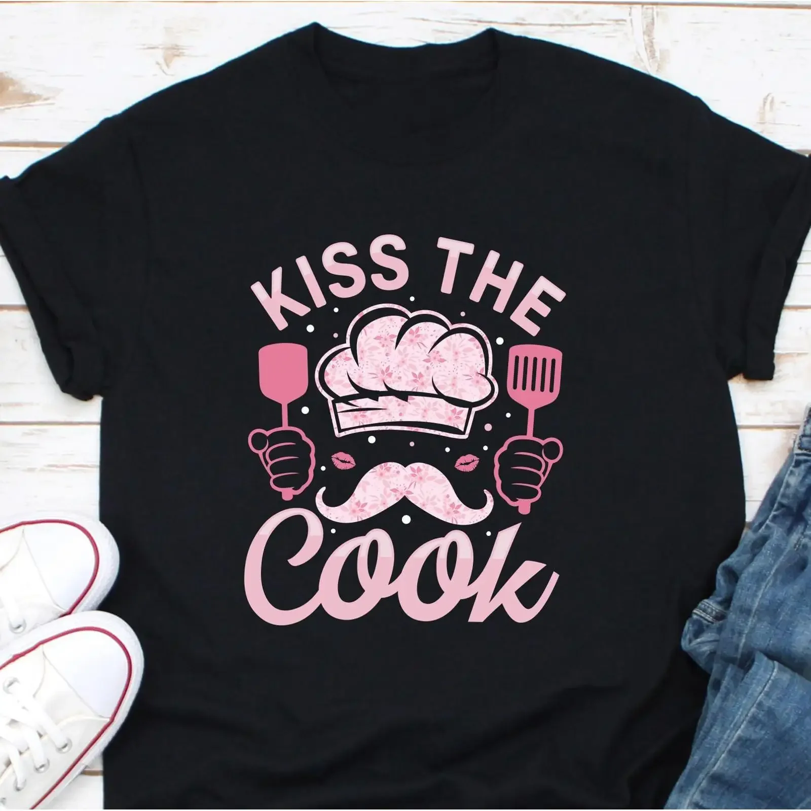 Kiss The Cook Funny Chef T Shirt Pink Kitchen Humor Culinary Lover Casual Cooking Enthusiast  vintage Washed Slightly graphic