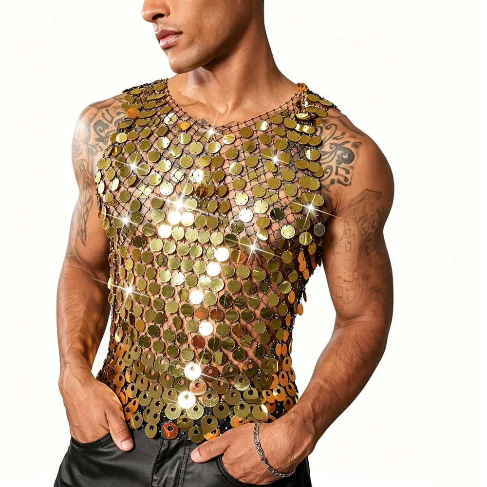 

Glitter Round Mirror Hollow Out Tank Top See Through Gold Silver Sequins Vest Night Club Disco Party Stage Performance Costume
