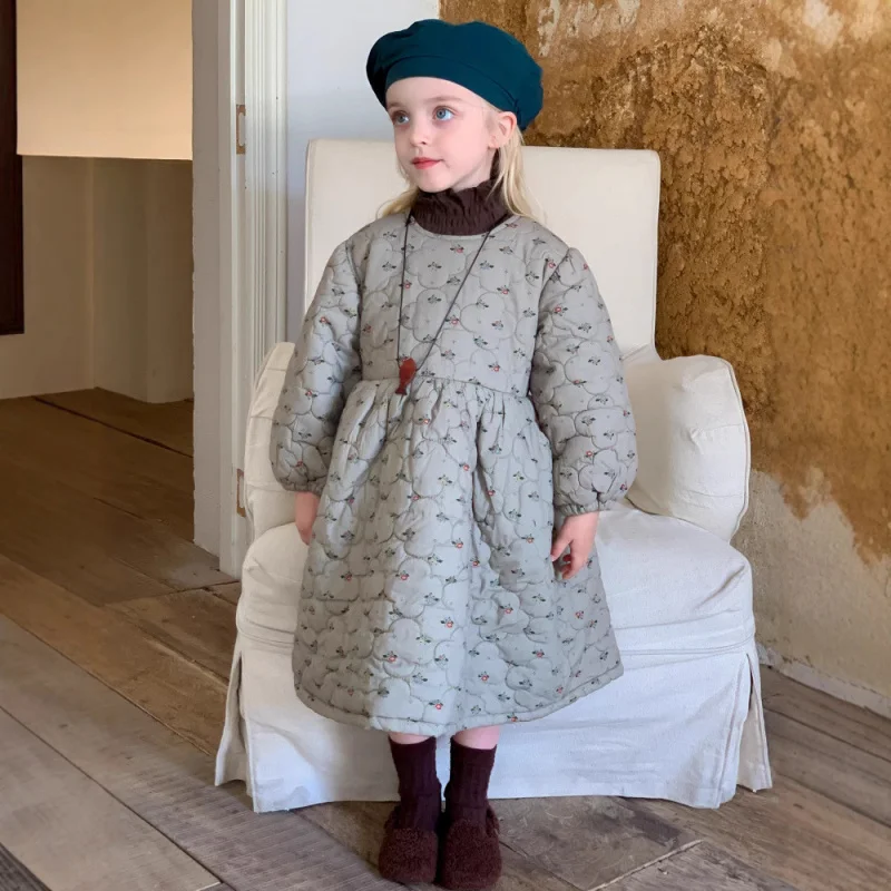 

Girls' Dress Autumn Winter New Korean Style Little Girl Stylish Floral Quilted Princess Dress Children's Dress