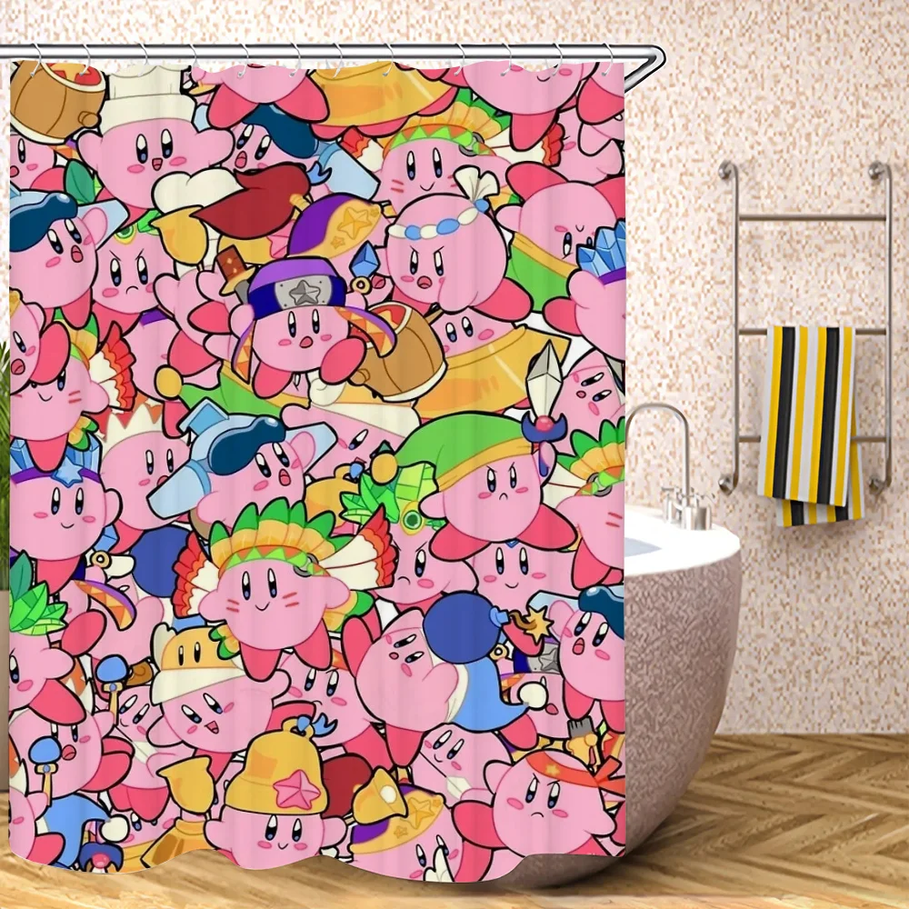 Kawaii Cartoon Kirbys Shower Curtains for Bathroom Curtain Folding Partition Bath Accessories Bedrooms Waterproof Fabric Set