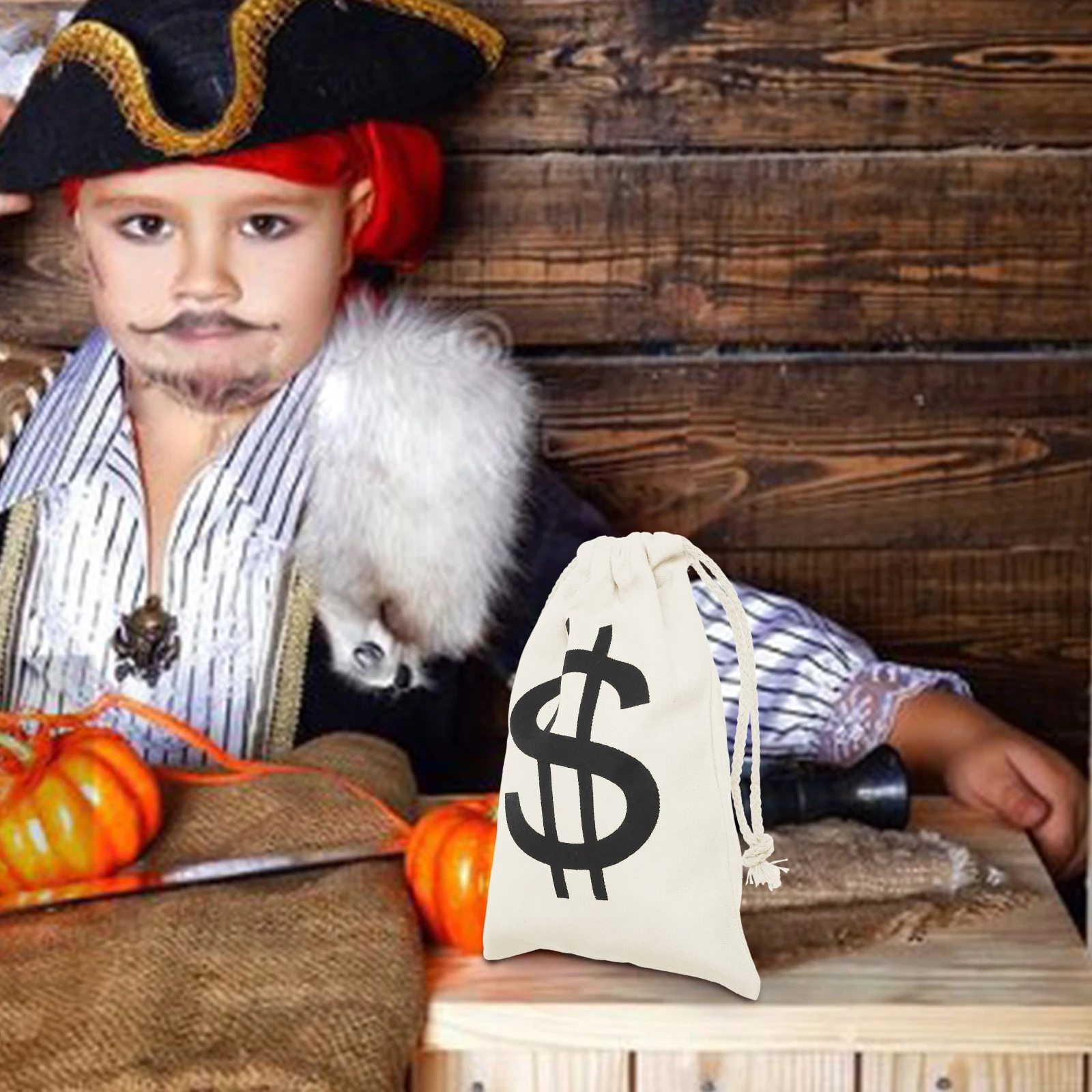 

Dollar Euro Canvas Drawstring Bag Pirate Theme Party Gift Bag Sturdy Reusable Halloween Decoration Coins Storage Pouch