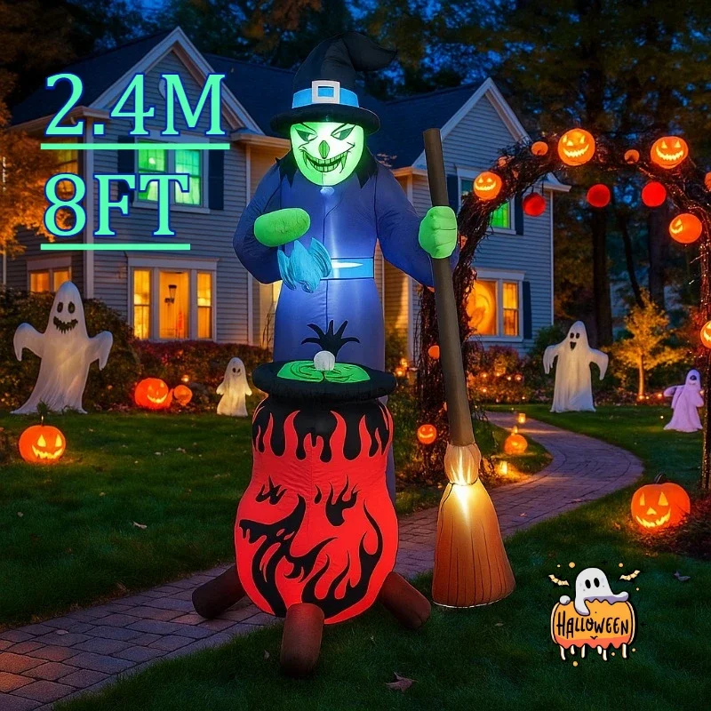 

8FT Party & Holiday DIY Decorations Inflatables Toys Witch with Auto Rotation Cauldron Built in LED Light Inflatable Yard Decor