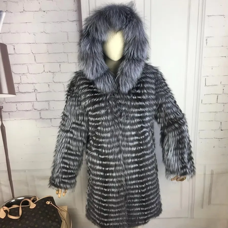 CNEGOVIK New Fashion Silver Fox Fur Coat With Hood Fur Coat Silver Fox Real Fur Coat 90CM Length Women Red Fox Fur Jacket