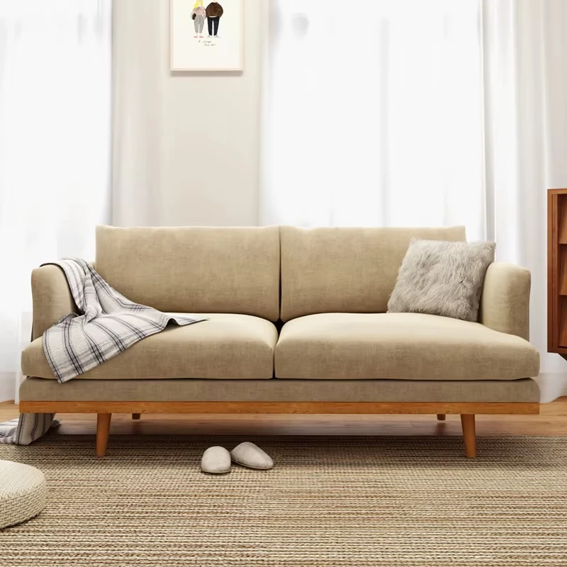 #￥Custom Japanese Home Living Room Beige Deep Seat Microfiber Fabric Upholstery Small 2 Seat Loveseat Wood Base Sofa Couch Chair