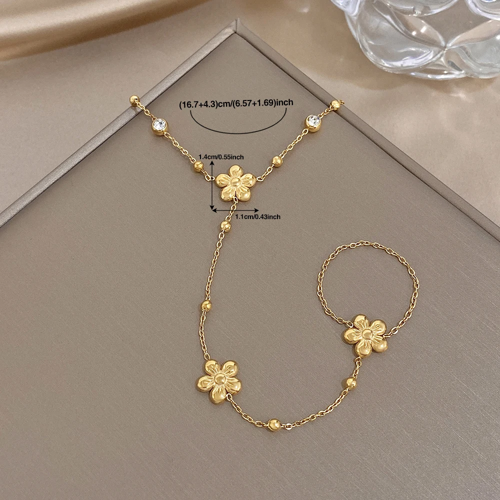 AENSOA Damen Edelstahl Minimalistischer Blumenstil Handrücken-Kette Finger Zierlicher Zirkon Ring Armband Geburtstagsgeschenk – Detail 9