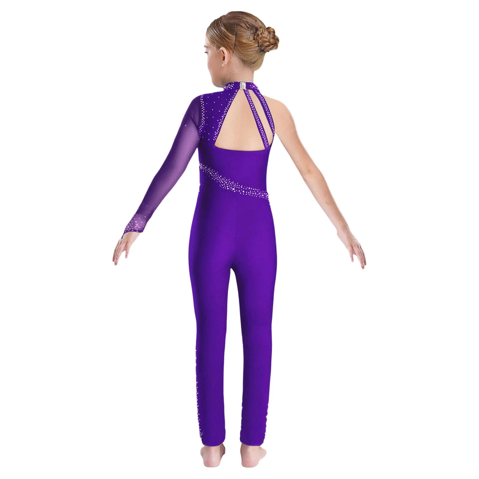 Combinaison de gymnastique de Ballet pour enfants filles, Costume de spectacle de danse de patinage artistique, maille transparente, strass découpés, justaucorps complet du corps