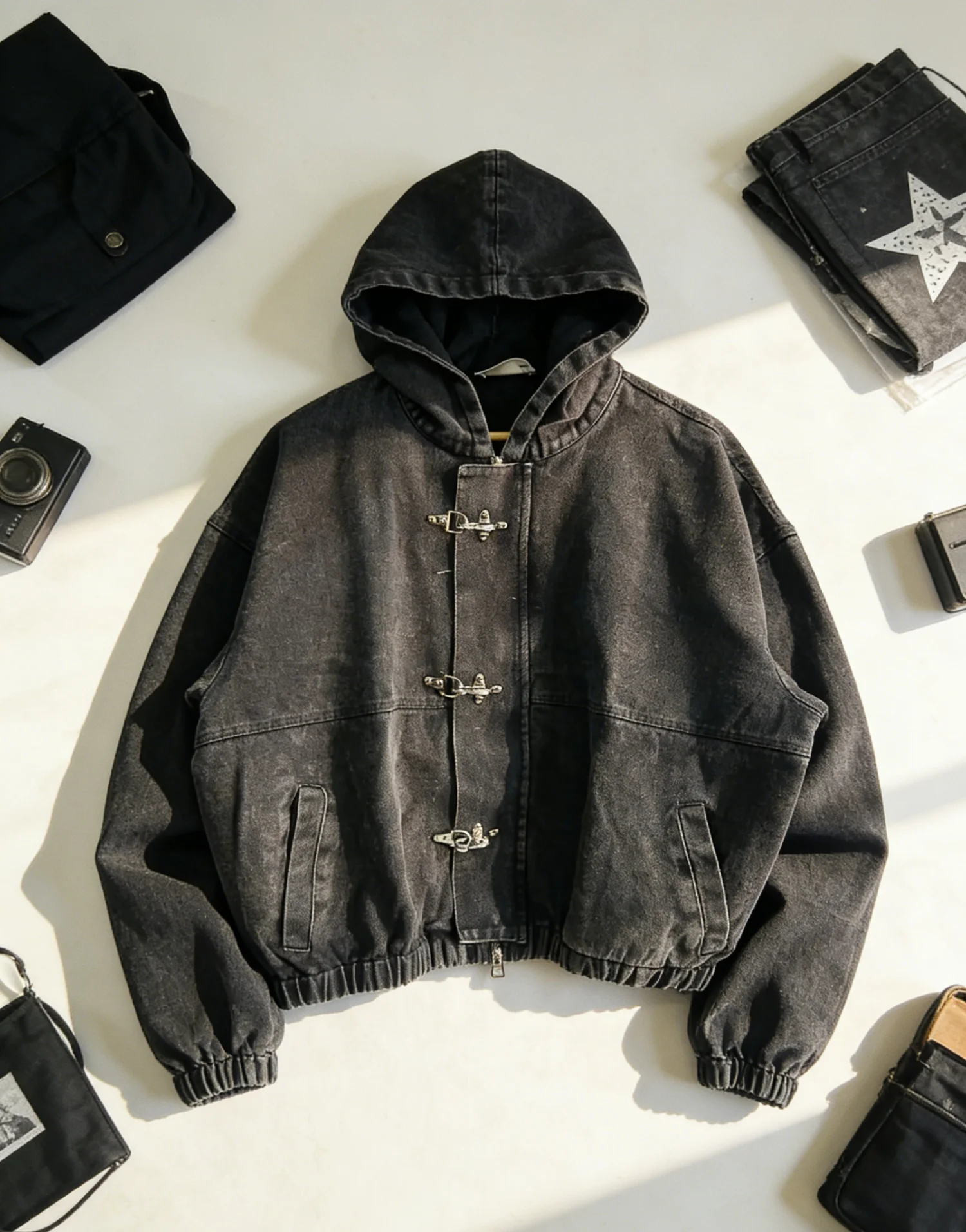 New Street Punk Clothing Fashion Metal Buttonoversized Hoodies Men Y2K American Retro Gothic Trendy Brand Casual Zipper Hoodie