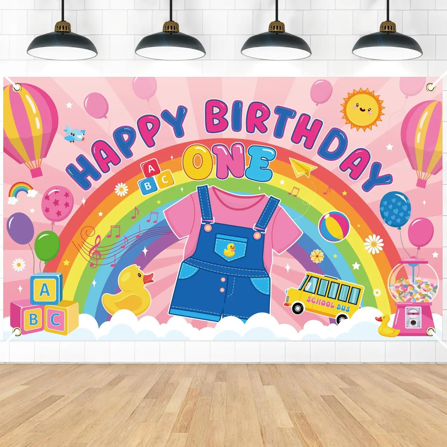 Décorations pour le 1er anniversaire du professeur - Bannière de fond Joyeux Anniversaire pour professeur de anglais en dessin animé, pour filles, avec arc-en-ciel et ABC, pour photos