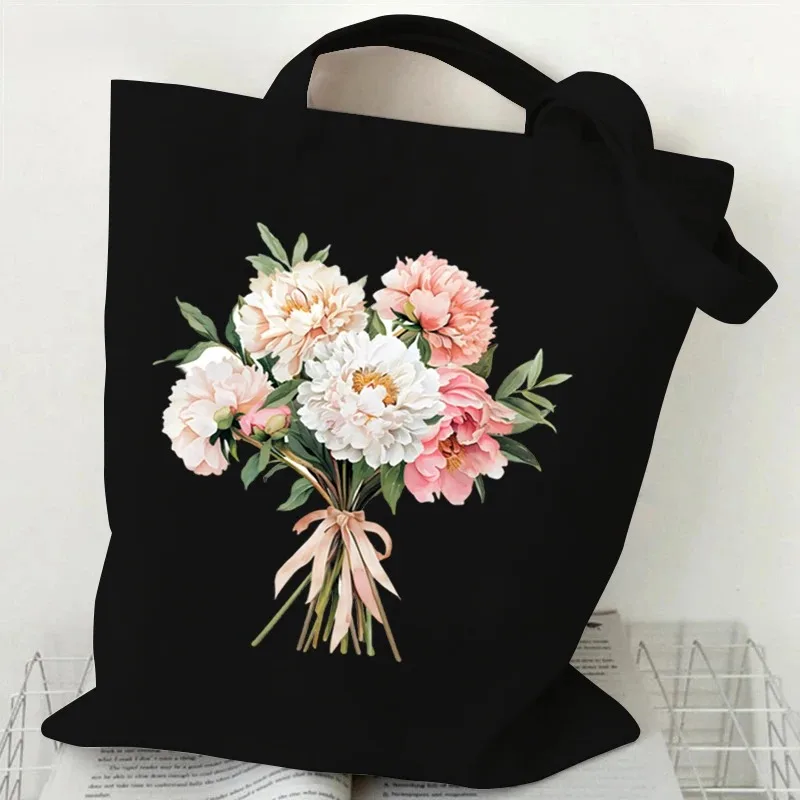 Art and Language Romantic Creative Tote Bag Bouquet Vintage Flowers and Grass Large Capacity Tote Bag Shopping Bag Tote Bag