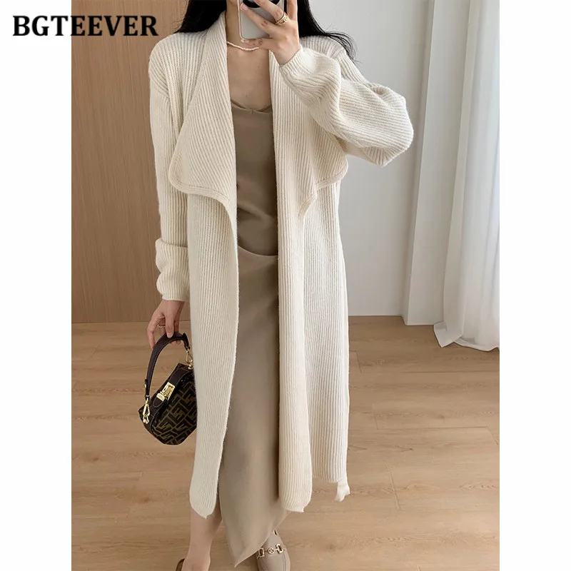 

BGTEEVER Elegant Oversized Open Stitch Sweaters Women Autumn Winter Full Sleeve Lace-up Female Knitted Cardigans