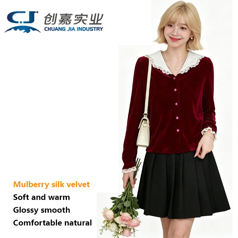 

100% Natural Silk Velvet Women's Blouse with Lace Trim Collar Long Sleeves, Elegant and Suitable for Both Business Casual Wear