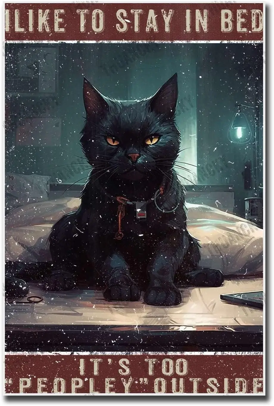 1pcsTHUANCKY Giclee Canvas Artwork Black Cat I Like to Stay in Bed It‘s Too People Outside Retro Wall Decor for Bathroom Living