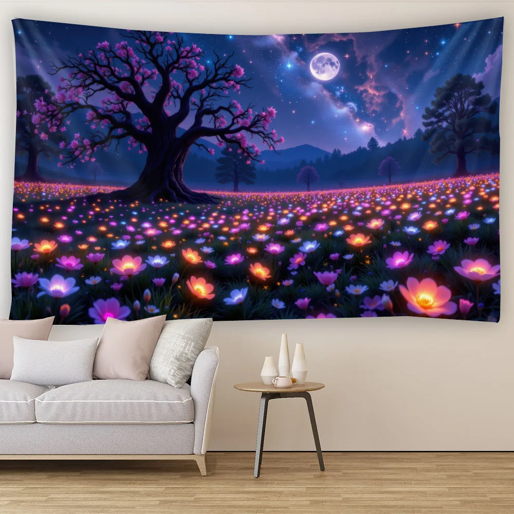 Bohemian Luminous Floral Tapestry Starry Sky Aesthetic Wall Hanging Cloth Art Home Dormitory Decoration