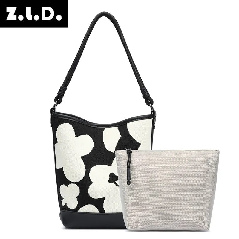 New Ladies Casual Portable Bucket Bag Striped Floral Design Single Shoulder Bag Fashionable Polyester Handbag for Women