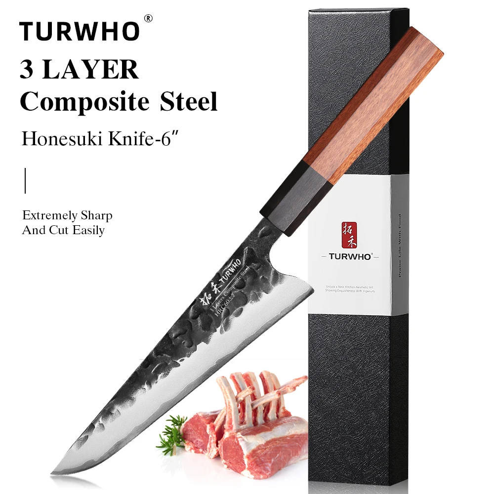 TURWHO Japanese Style Honesuki Chef Knife, 6-inch, 3-layer Composite Steel,Ebony and Rosewood Handle, Kitchen Meat Utility Knife