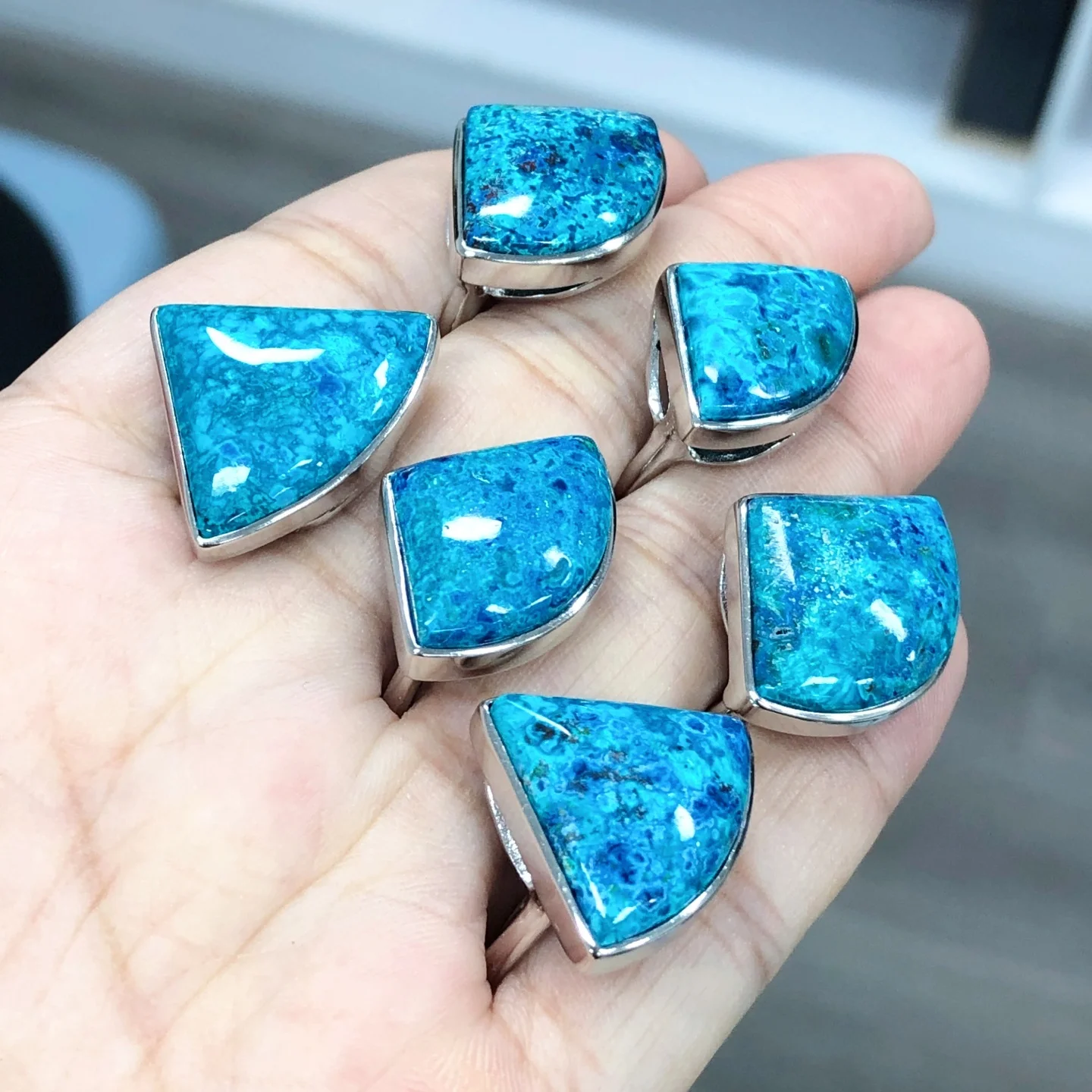 1 Pc Fengbaowu Natural Chrysocolla Ring Sector‌ Shape 925 Sterling Silver reiki Healing Stone Jewelry Gift For Women Men
