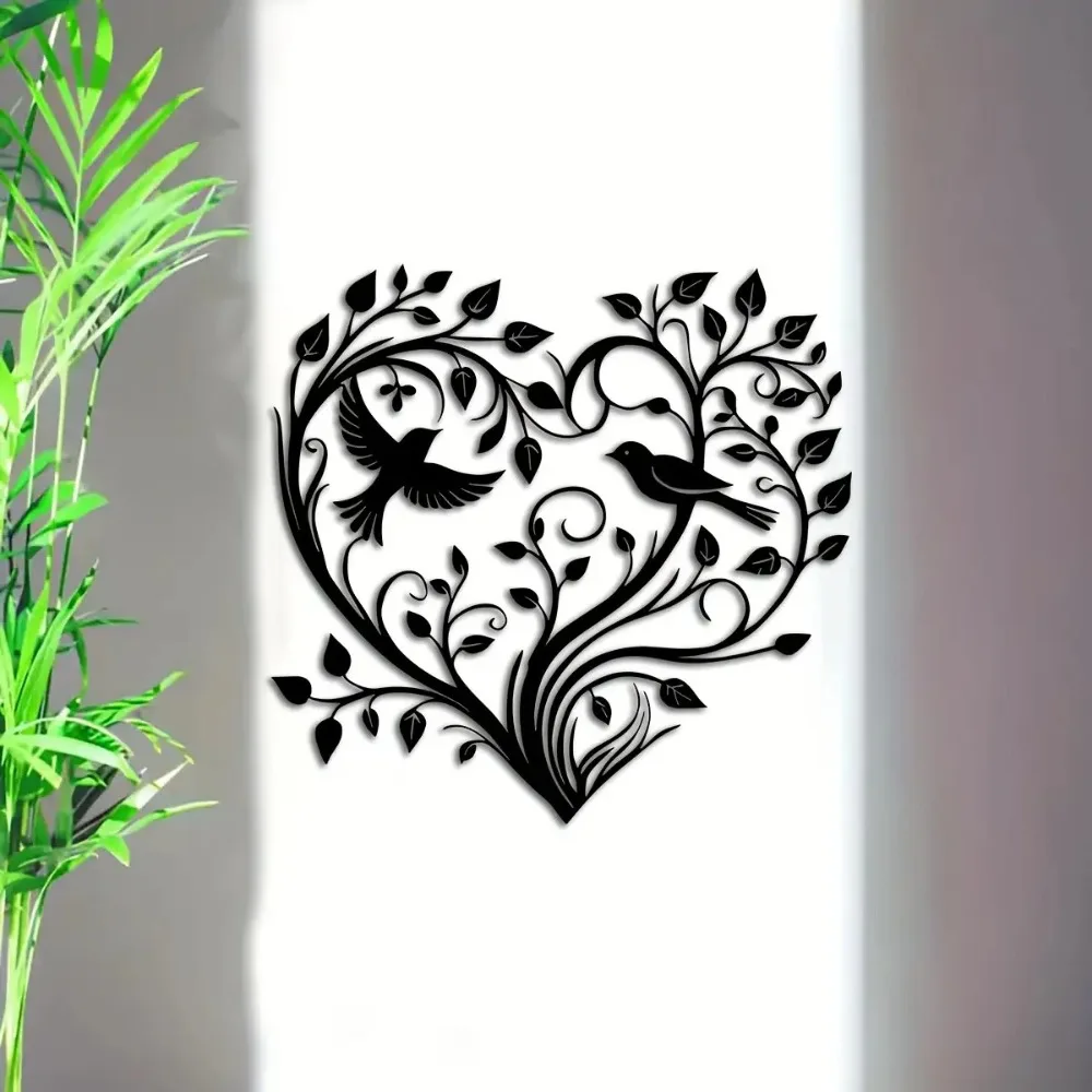 Décoration murale en fer Arbre de Vie Cœur d'amour avec oiseaux, ornement suspendu pour intérieur, extérieur, balcon, patio, cadeau de pendaison de crémaillère