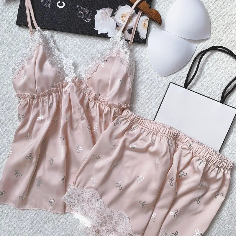 2025 Summer French Style Sleepwear With Chest Pad Women's Strap Shorts Ice Silk Luxury Pajamas image 2