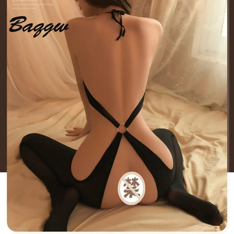 Lingerie Halter Crotchless Hollow Out Bodysuits Women Erotic Seduction Body Stockings Stretch Slim Fit Nightwear Passion Teddies