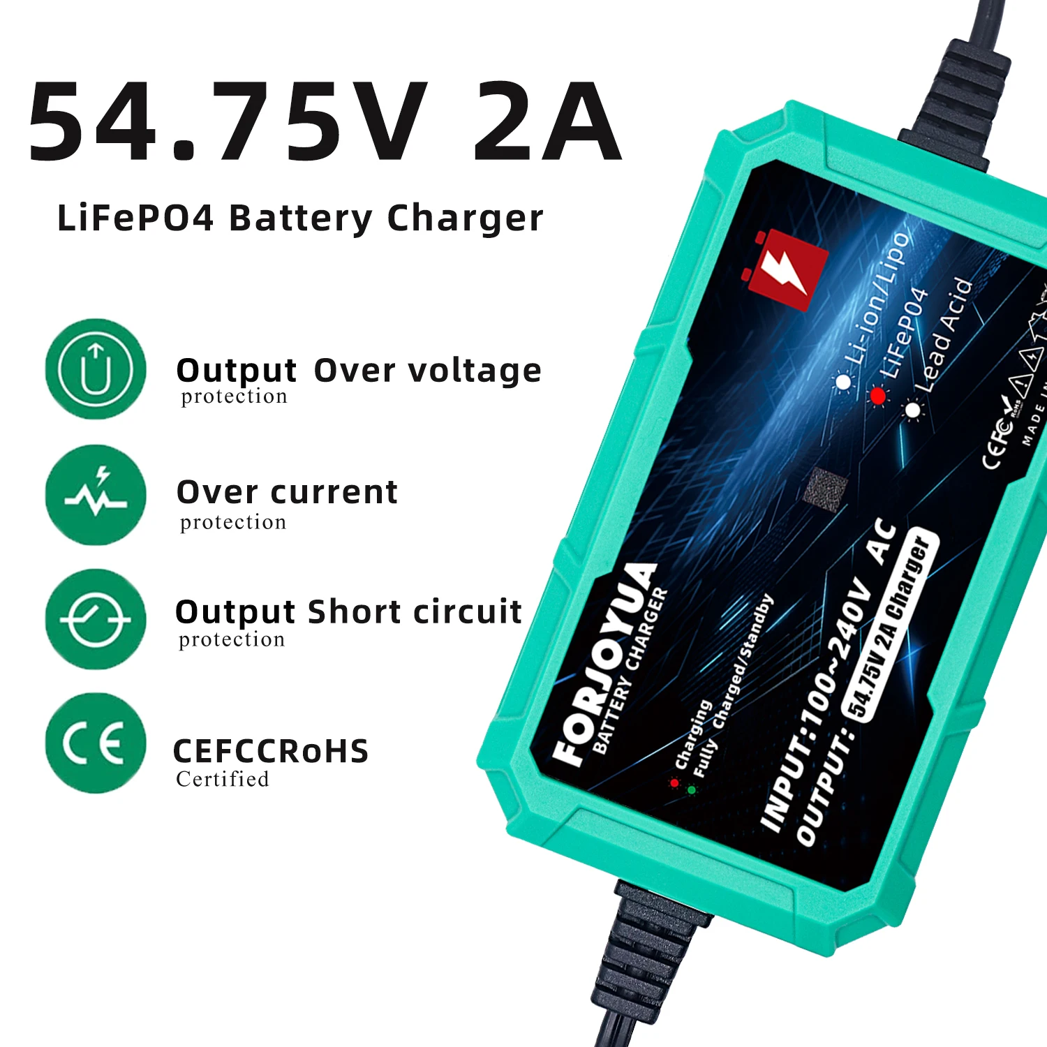 QDD 54.75V 2A LiFePO4 Battery Charger is Suitable for 15S 48V Batteries LiFePO4 Battery Charger with 3P-XLR Connectors