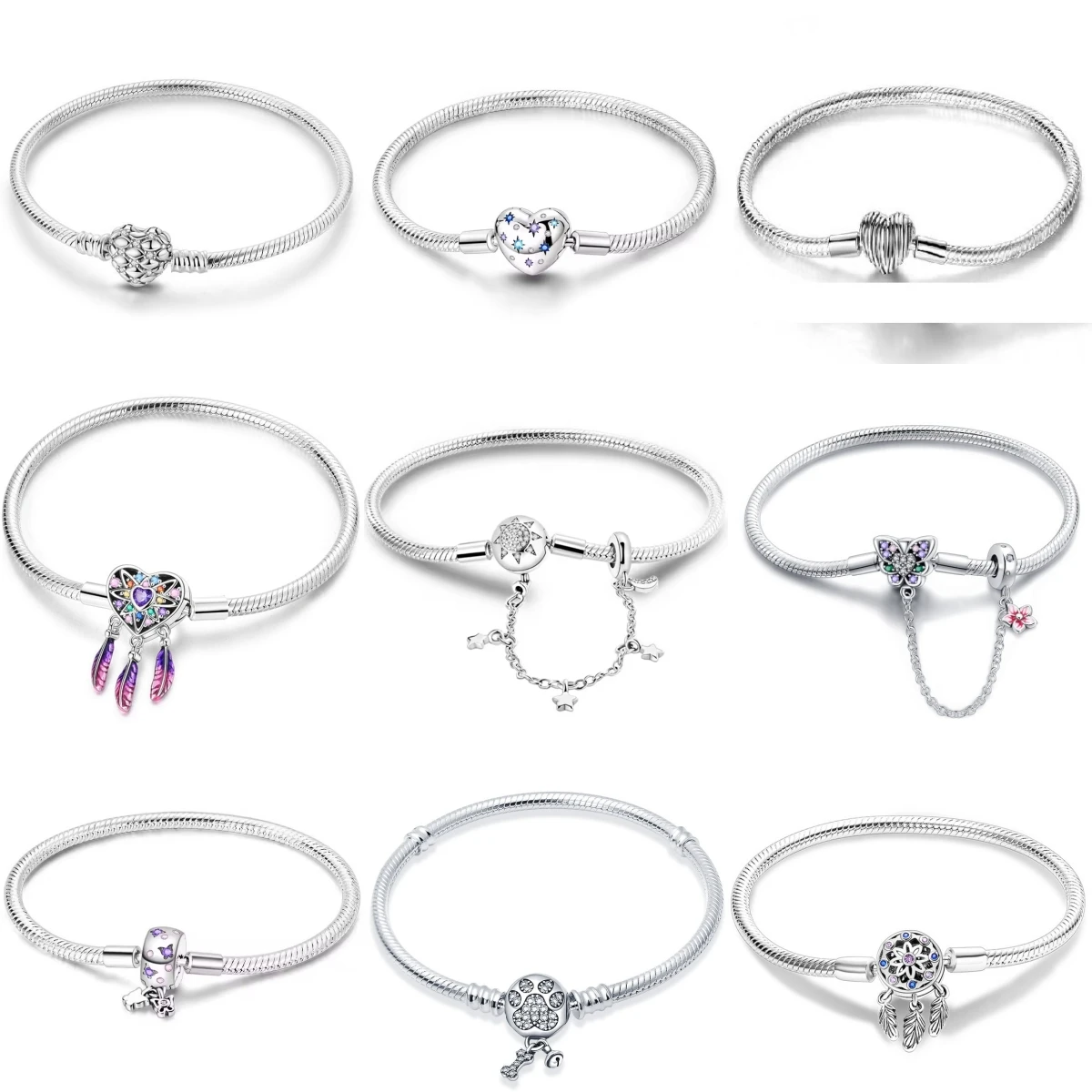 

925 Sterling Silver Snake Chain Bracelet for Women Dream Catcher Footprints Fit Original Charms DIY Jewelry Gift