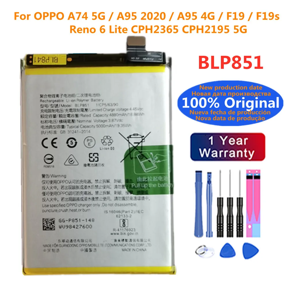 

100% Orginal New Battery 5000mAh BLP851 Battery For OPPO A74 CPH2195 5G F19/F19s/A95 2020 / A95 4G BLP851 Mobile Phone Batteries