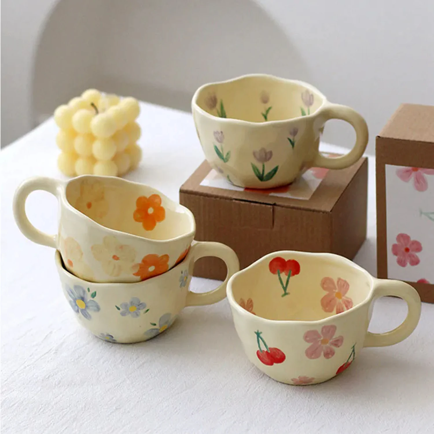 Stunning Charming Korean Style Exquisite Ceramic Flower Coffee Cups - Unique Irregularly Hand Pinched Oatmeal Breakfast Milk Tea