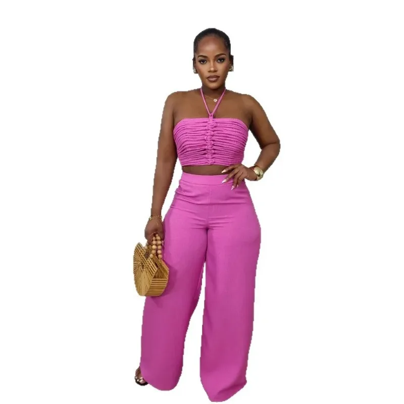 

2025 Women 2 Piece Sets Sexy Strapless Ruched Halter Tops+High Waist Side Zip Wide Leg Pants Suits Tracksuits Streetwear