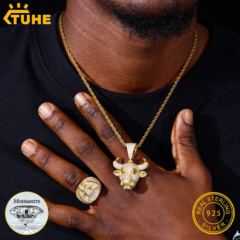 

TUHE High Quality 18K Gold Plated Copper Moissanite Ring Pendant Iced Out Buffalo Jewelry Sets For Man Hip Hop Jewely Gift