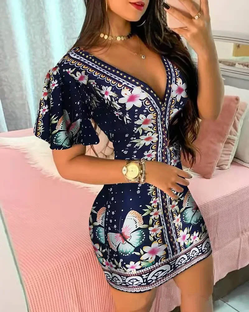 Fashion Women Ruffles Sleeve V-neck Bodycon Dresses Summer Short Sleeve Floral Print Mini Dress Evening Dresses Clubwear