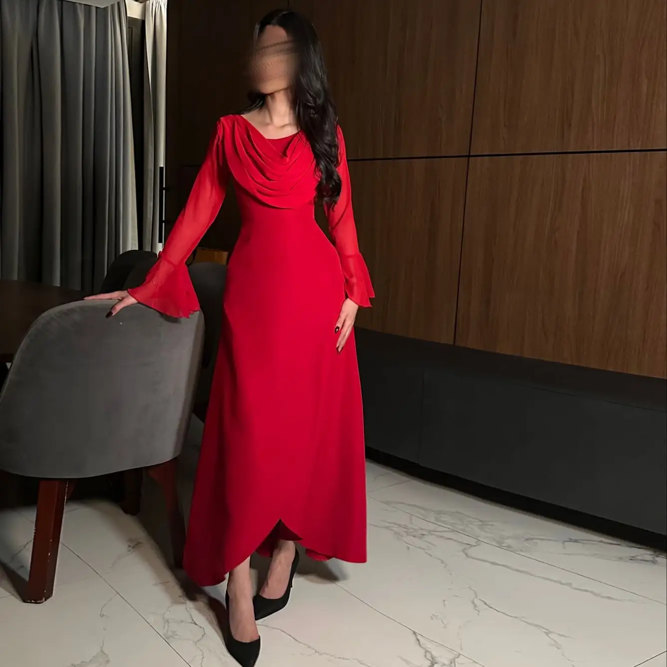 

Welove Red Cowl Neck Saudi Prom Dresses 2025 with Ruffle Sleeve Ankle-length Customized Evening Dress vestidos de fiesta