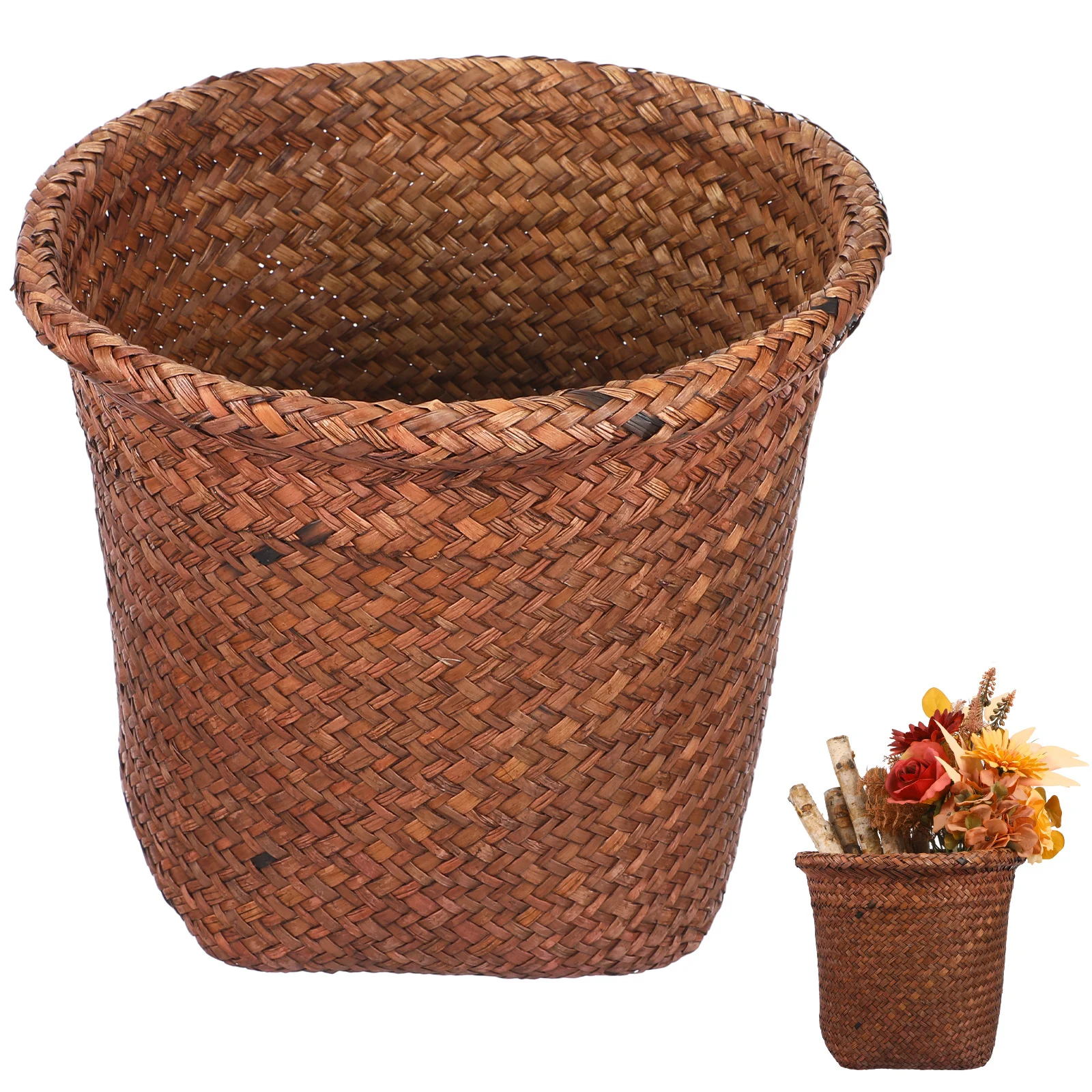 

1Pcs Storage Basket Straw Woven Wastebasket for Office Home Waste Paper Bin No Cover Design Smooth Edges Natural Trash Can