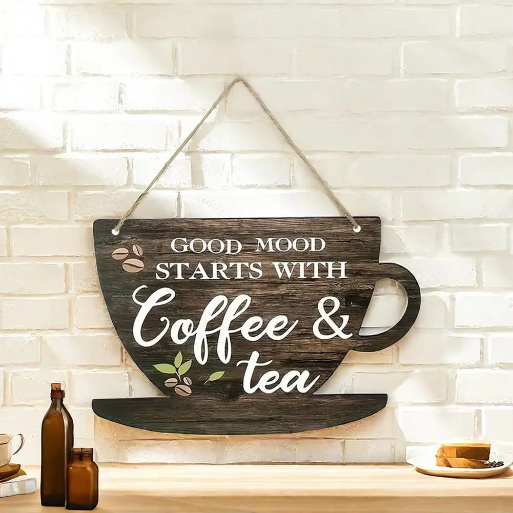 Kitchen Coffee Art Sign Coffee Cup Hanging Sign for Kitchen Cafe Decor Wooden Tea Door Plaque Ornament Good Mood Starts