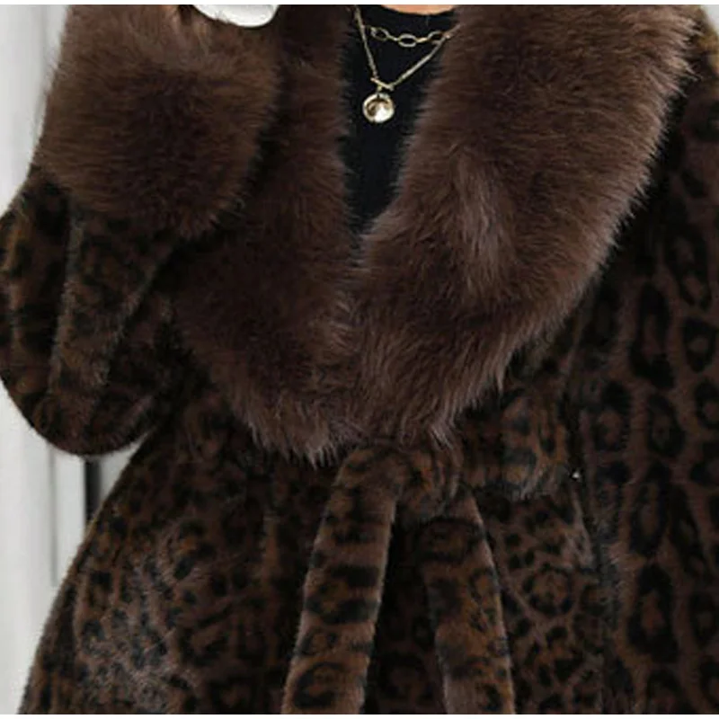 Tie Waist Faux Fur Coat Leopard Pattern Shawl Lapel Furry Cuff Splicing Long Sleeve Loose Chic Jacket 2026 Women's Fashion Coats