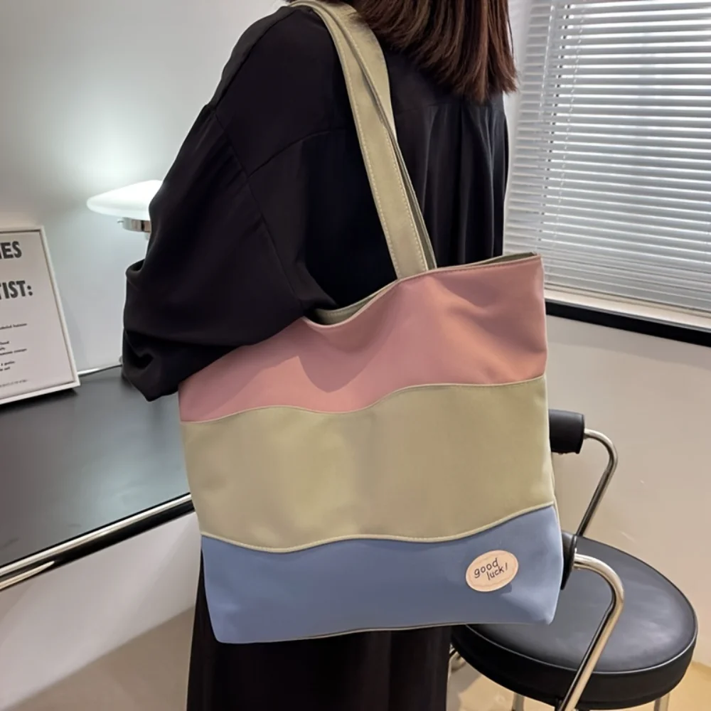 

Large Canvas Tote Bag Women Color Block Vintage Style Shopper Work School