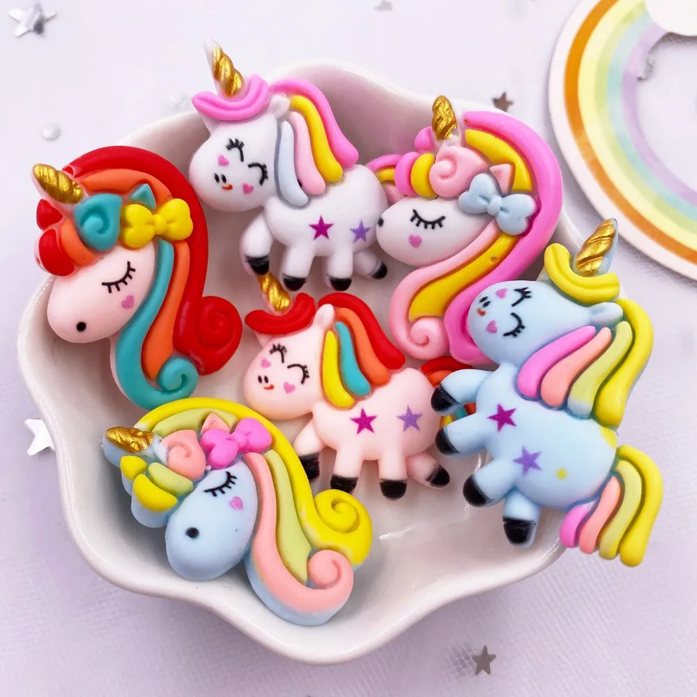 Resin Kawaii Colorful cool Golden Horn Unicorn Flatback Stone Cartoon Christmas Figurine 10PCS Scrapbook DIY Home Decor Crafts