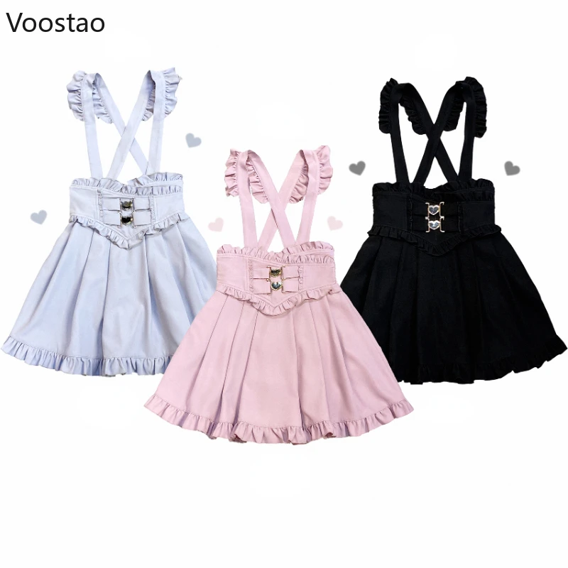 

Japanese Gothic Y2k Lolita Short Suspender Skirt Ruffles Love Hearts Metal Buckle Mini Skirt Women Sweet A-Line Party Skirts