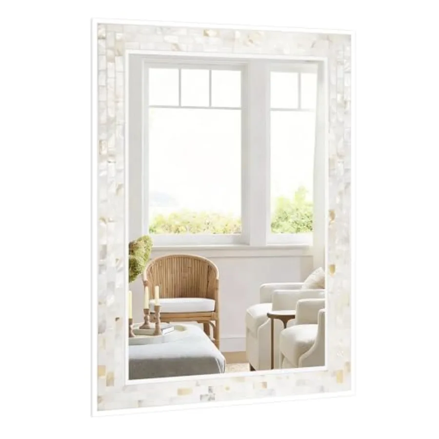 

Mosaic Mirrors for Wall 20x28 Inch Natural Mother of Pearl Inlay White Framed Rectangle Mirror for Bathroom Bedroom or Entryway