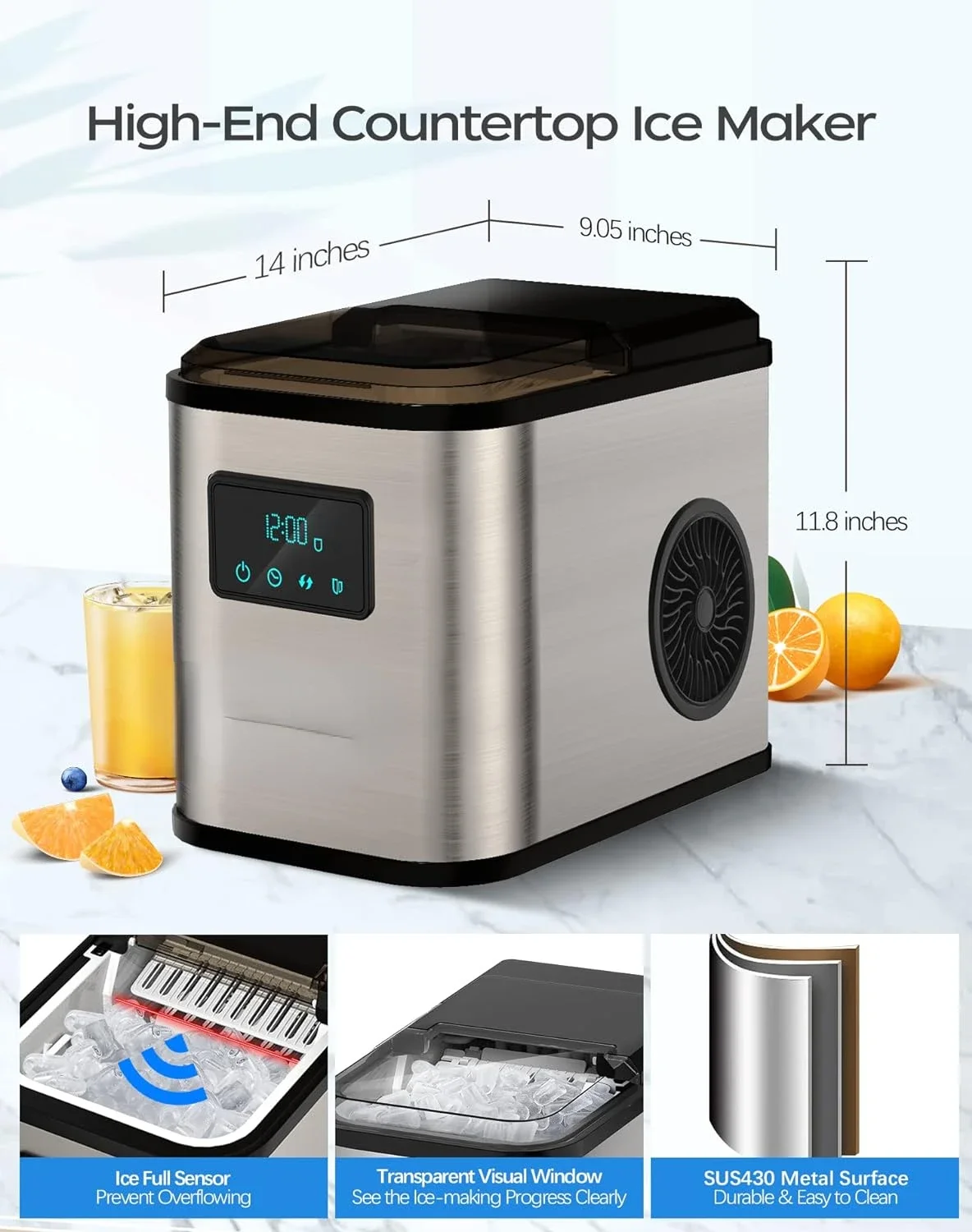 Eficiente Auto Limpeza Mini Ice Maker, Reserva de Tempo, Countertop Ice Maker, 28lbs, 24h, 6 Mins, 9 Pcs