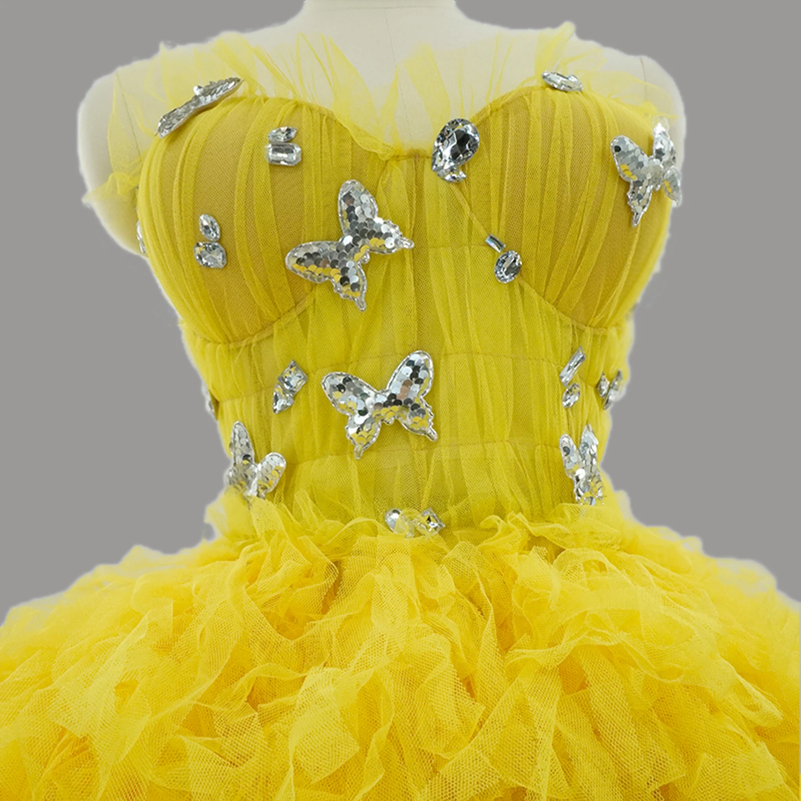 

Cute Rhinestone Butterfly Tassels Dress Yellow Women lace Off the Shoulder club Birthday Party Celebrate costumes for two piece